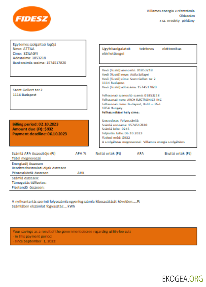 FIDESZ facture facile à remplir pour les entreprises de services publics, SCR